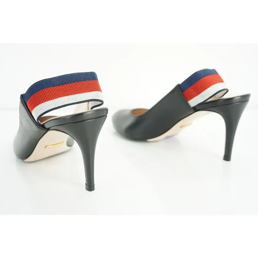 Gucci Sylvie Black Leather Web Strap Pointed Toe Slingback Pumps Size 35 $695